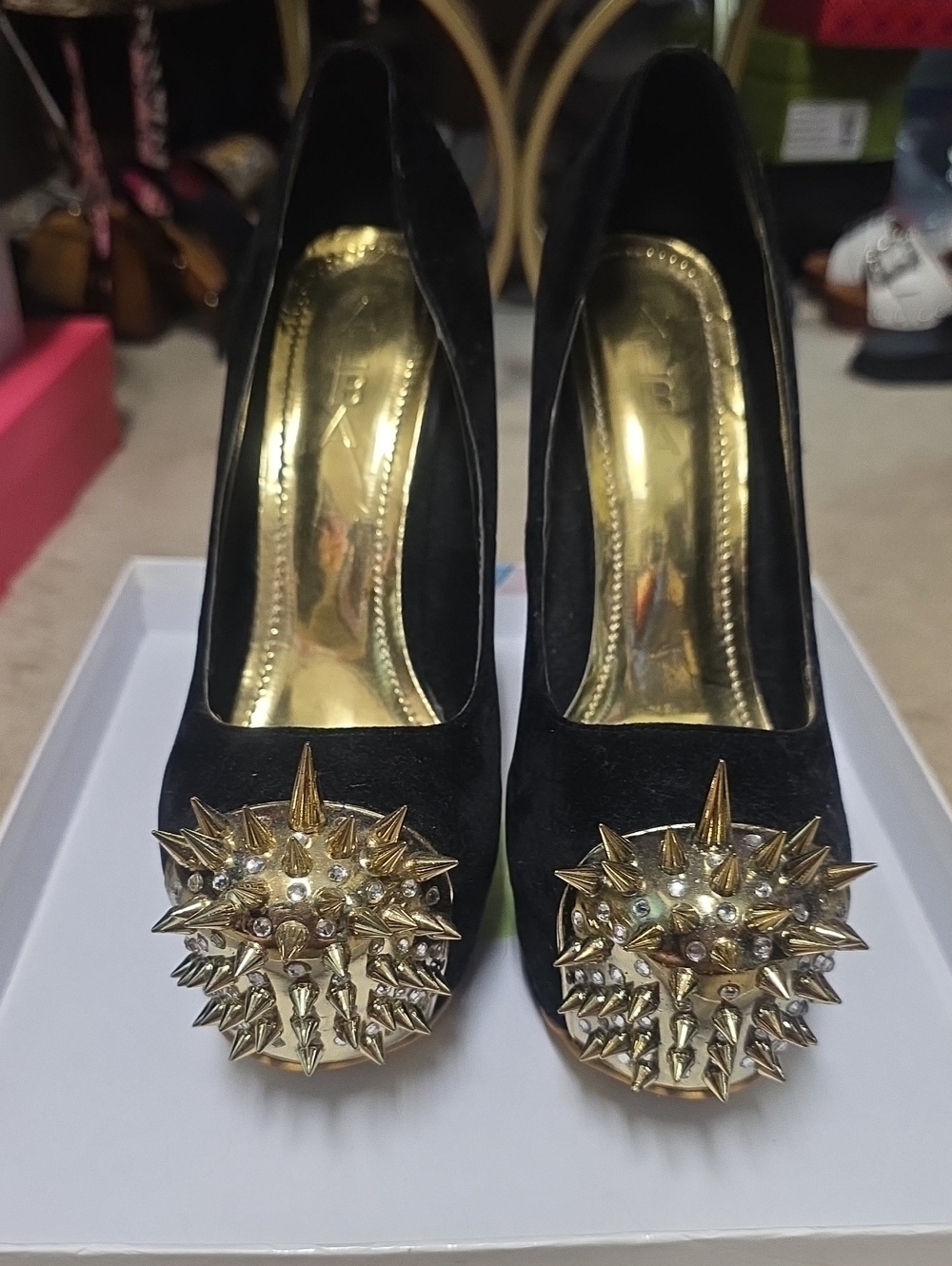 Alba Black Suede Pumps with Gold Spike Medallions